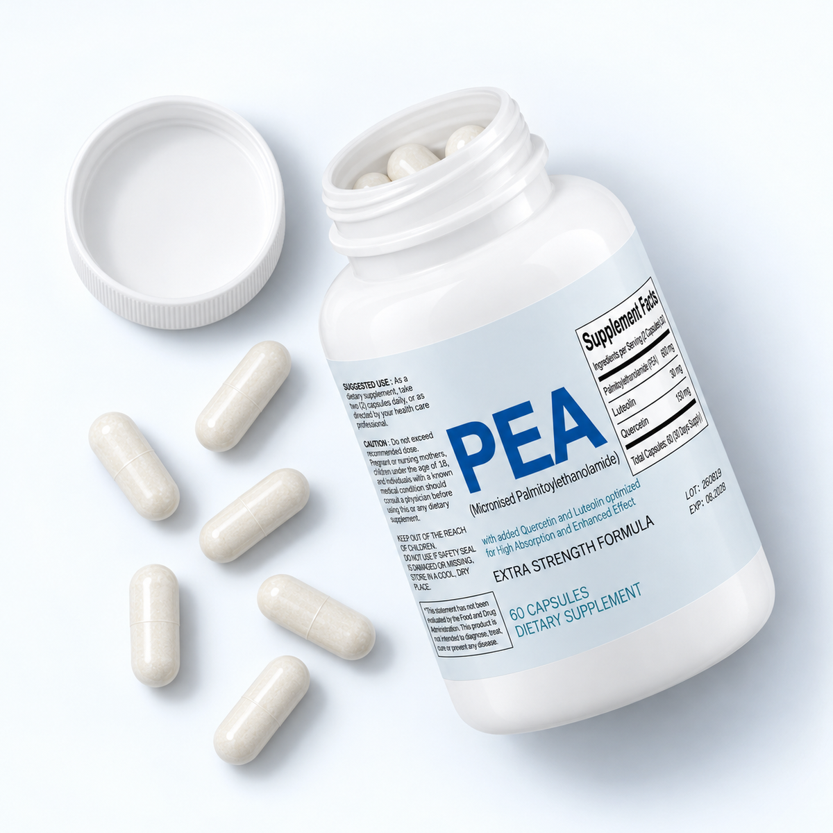 Arelora PEA open bottle with capsules